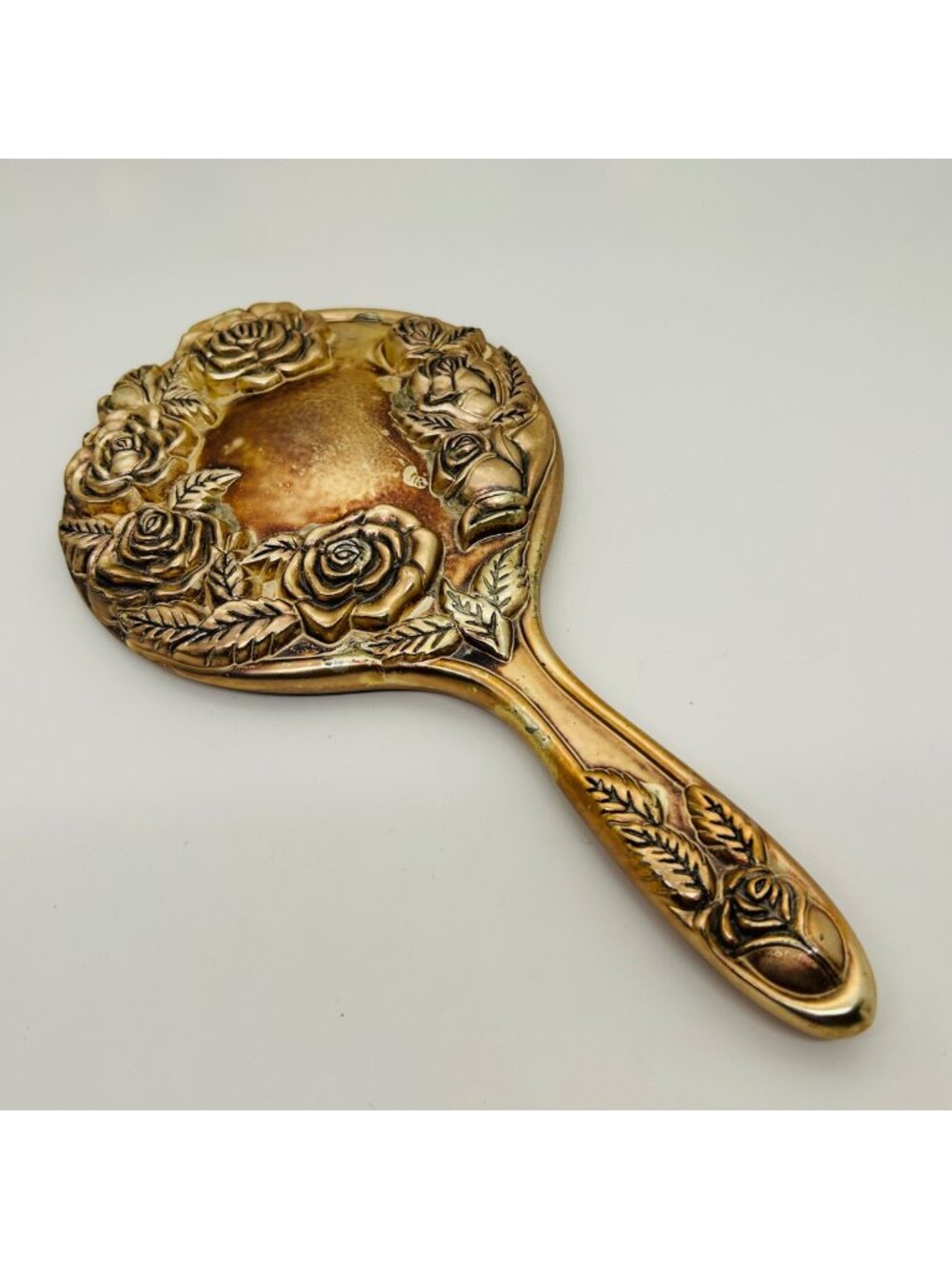Vintage Godinger Gold-Tone Rose Hand Mirror 9.5" Victorian Revival Vanity Floral